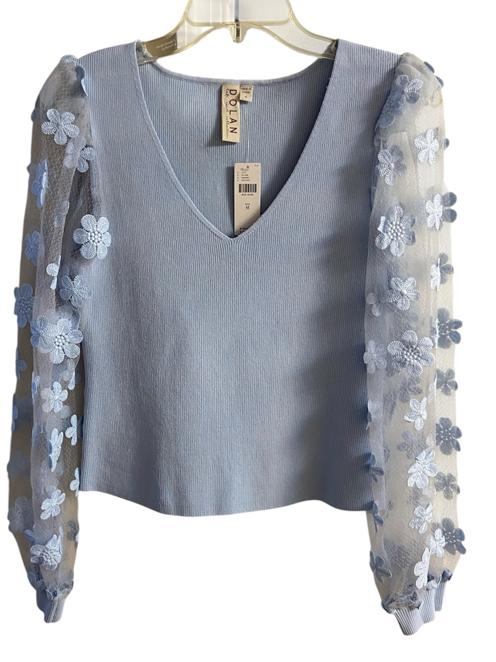 Dolan Light Blue V-Neck Sweater with Floral Mesh Sleeves Medium NWT